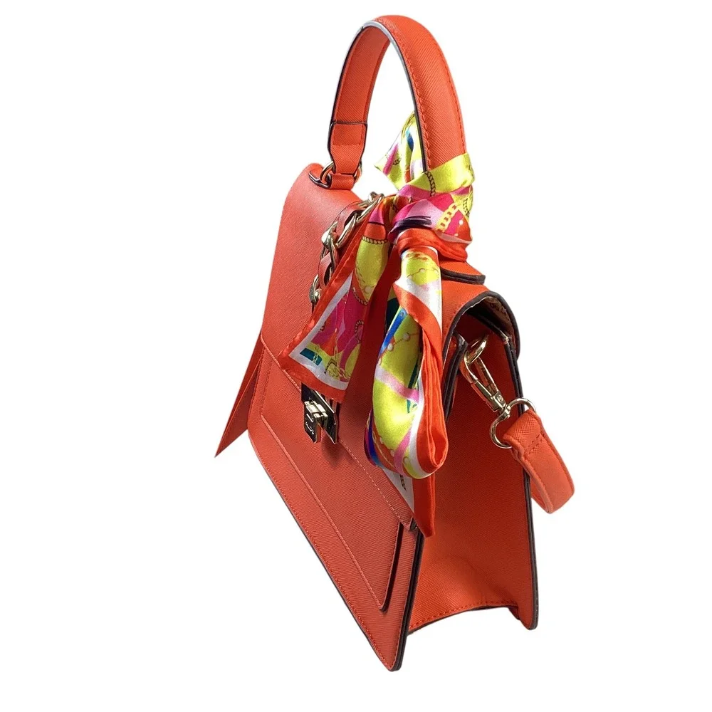 Aldo Orange Saffiano Satchel Handbag Gold Chain Scarf Accent Crossbody Bag